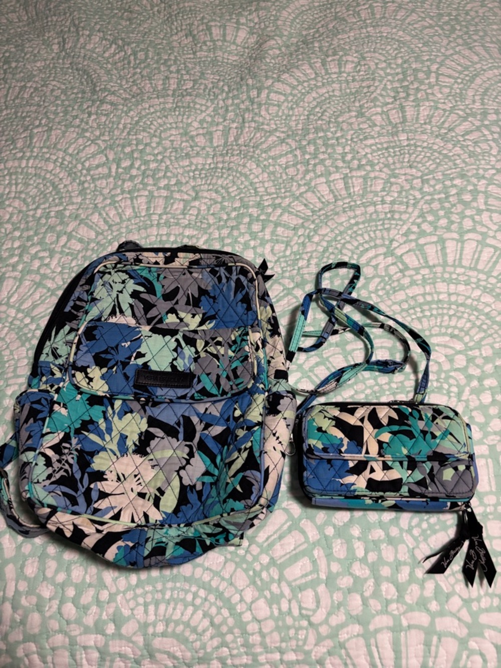 Quilted Floral Backpack + Crossbody Wallet – Blue Teal Black